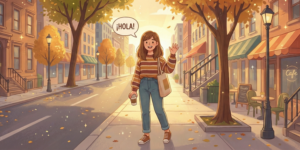 Chica joven diciendo hola. Saludos en español.