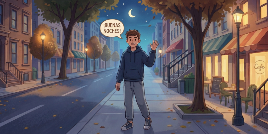 Chico joven diciendo buenas noches. Aprende Español online.